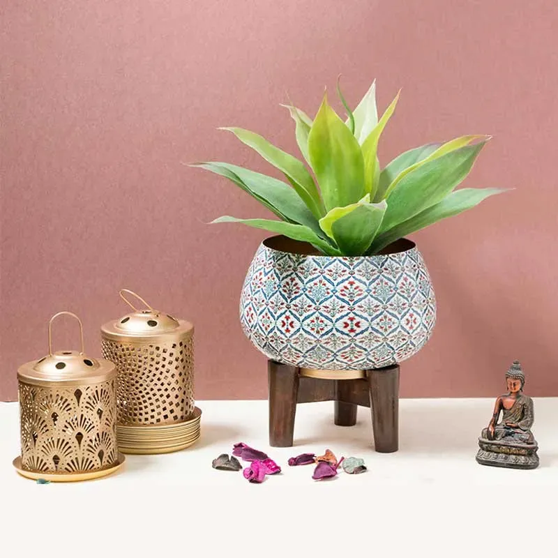 Anatolian Decorative Tulip Print Planter with Wooden Stand | Plant Not Included