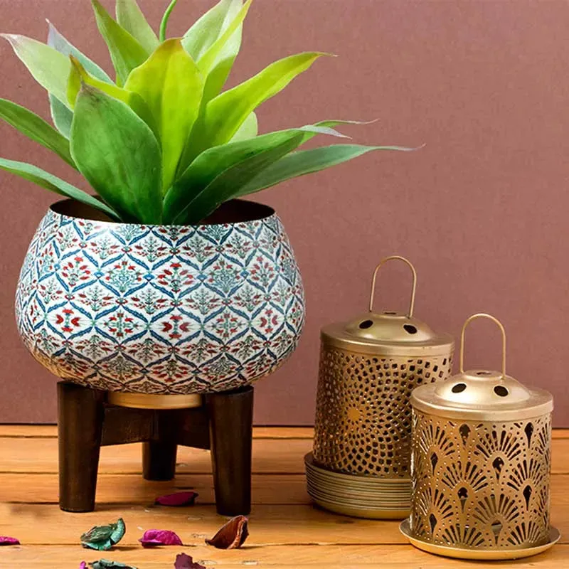 Anatolian Decorative Tulip Print Planter with Wooden Stand | Plant Not Included