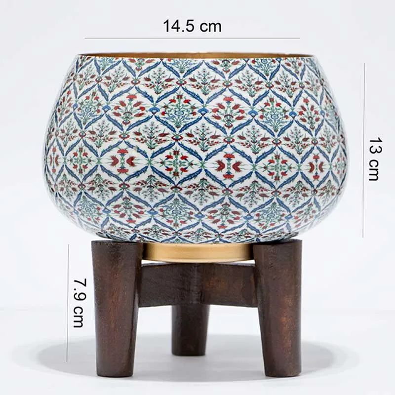 Anatolian Decorative Tulip Print Planter with Wooden Stand | Plant Not Included