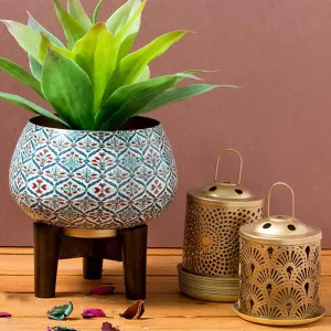 Anatolian Decorative Tulip Print Planter with Wooden Stand | Plant Not Included