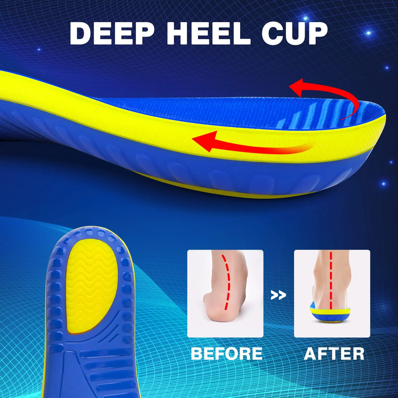 Arch Support Plantar Fasciitis Insoles - Shoe Inserts for Flat Feet, Heel Spur, Heel Pain, Plantar Fasciitis Relief Insoles - Gel Orthotic Inserts for Women & Men - All-Day Shock Absorption Blue M: (Men 8-9.5/Women 10-11.5)