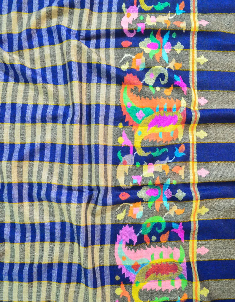 Blue, Grey & Beige Check Kani Pashmina Shawl 5943