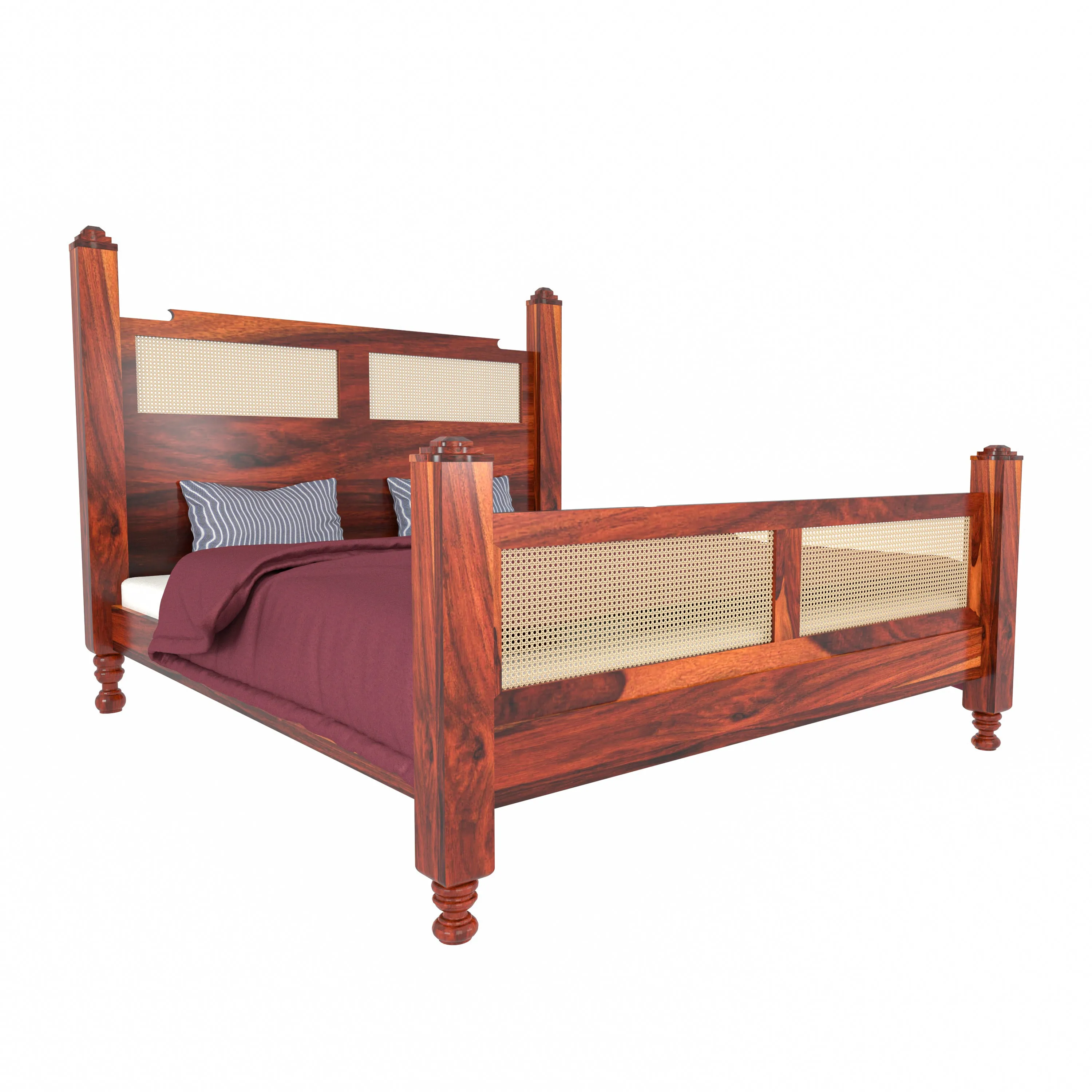 Classic Cane Simple Heritage Style Handmade Wooden Bed with Simple Bedside