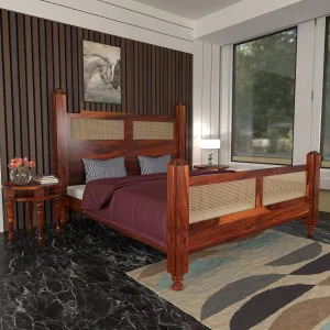 Classic Cane Simple Heritage Style Handmade Wooden Bed with Simple Bedside