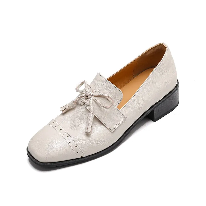 Elegant Brogue Bow Square Toe Loafers for Women with Block Heel in Beige/Black