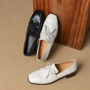 Elegant Brogue Bow Square Toe Loafers for Women with Block Heel in Beige/Black