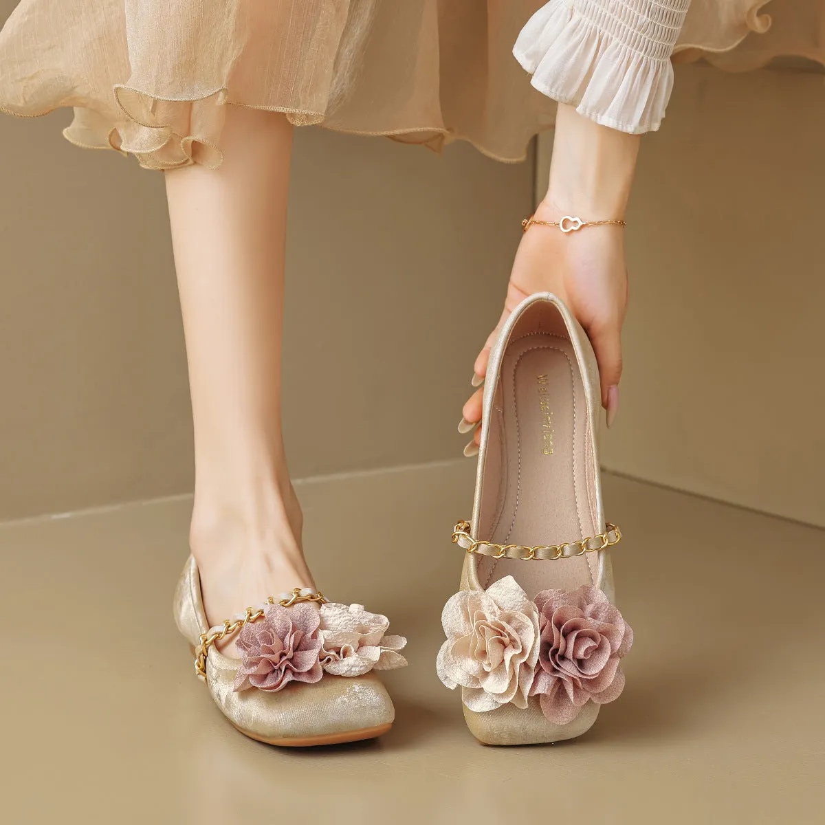 Elegant Floral Square Toe Instep Strap Slip- Ons