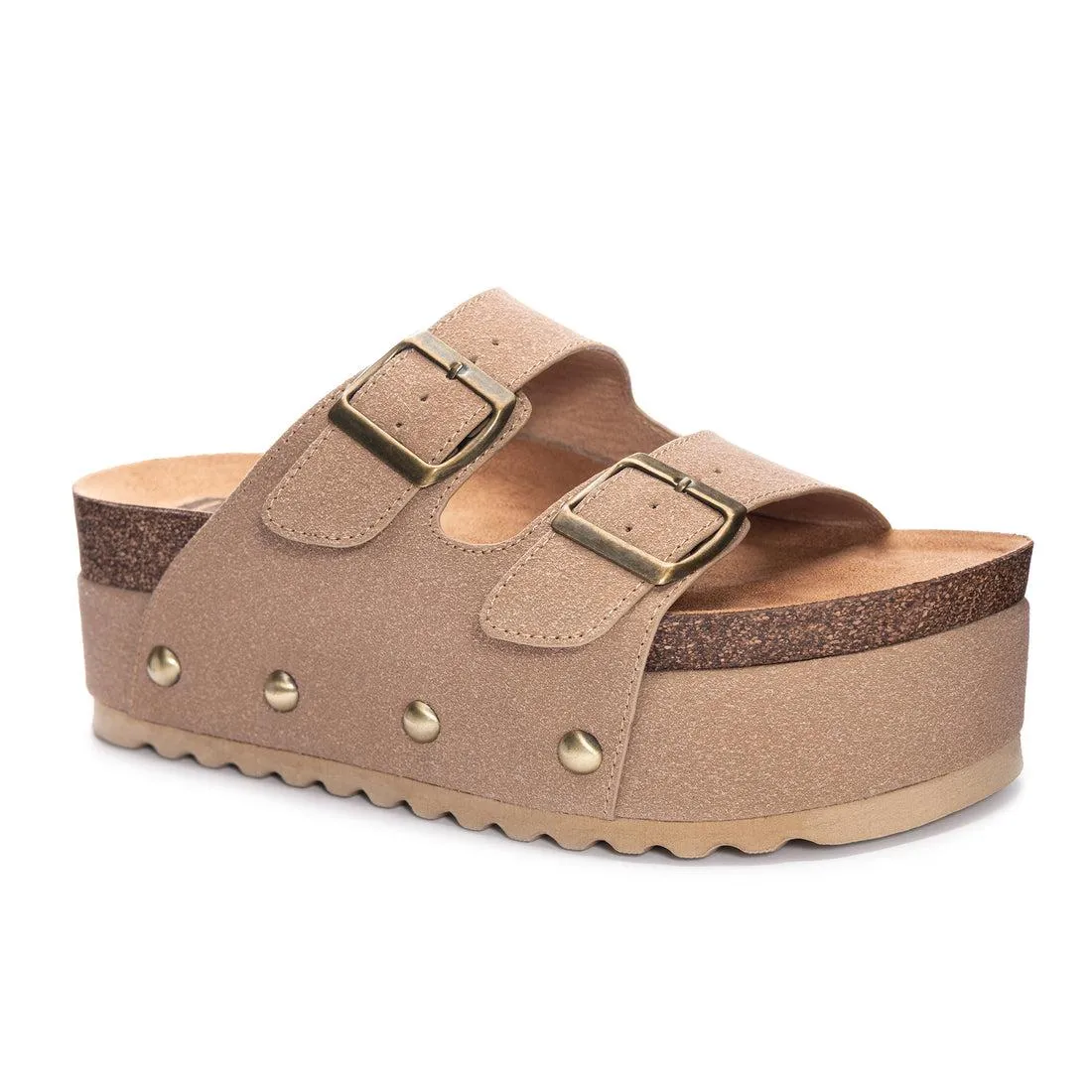 Pueblo Platform Cork Vegan Suede Buckle Sandals - Tan