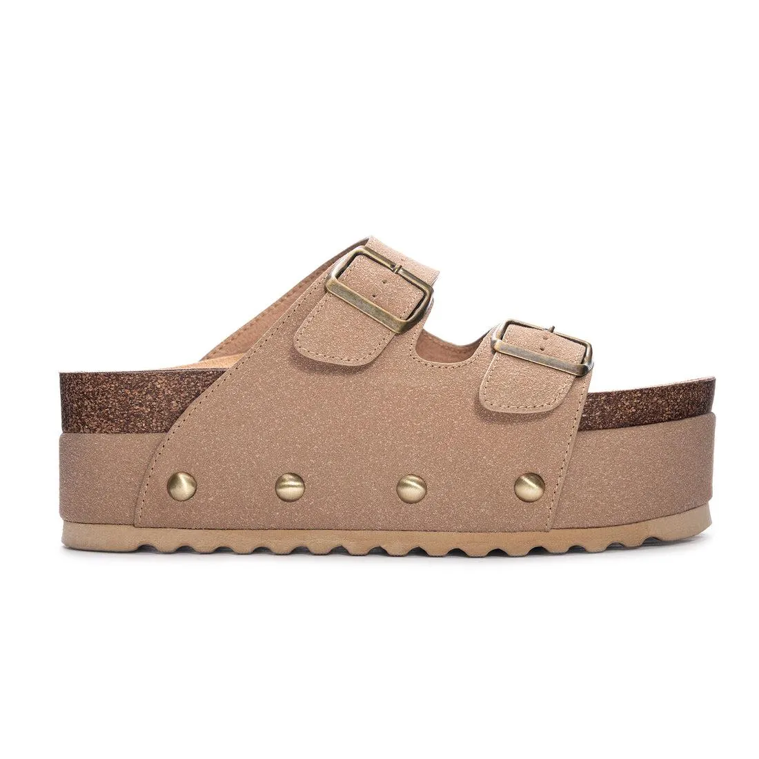 Pueblo Platform Cork Vegan Suede Buckle Sandals - Tan