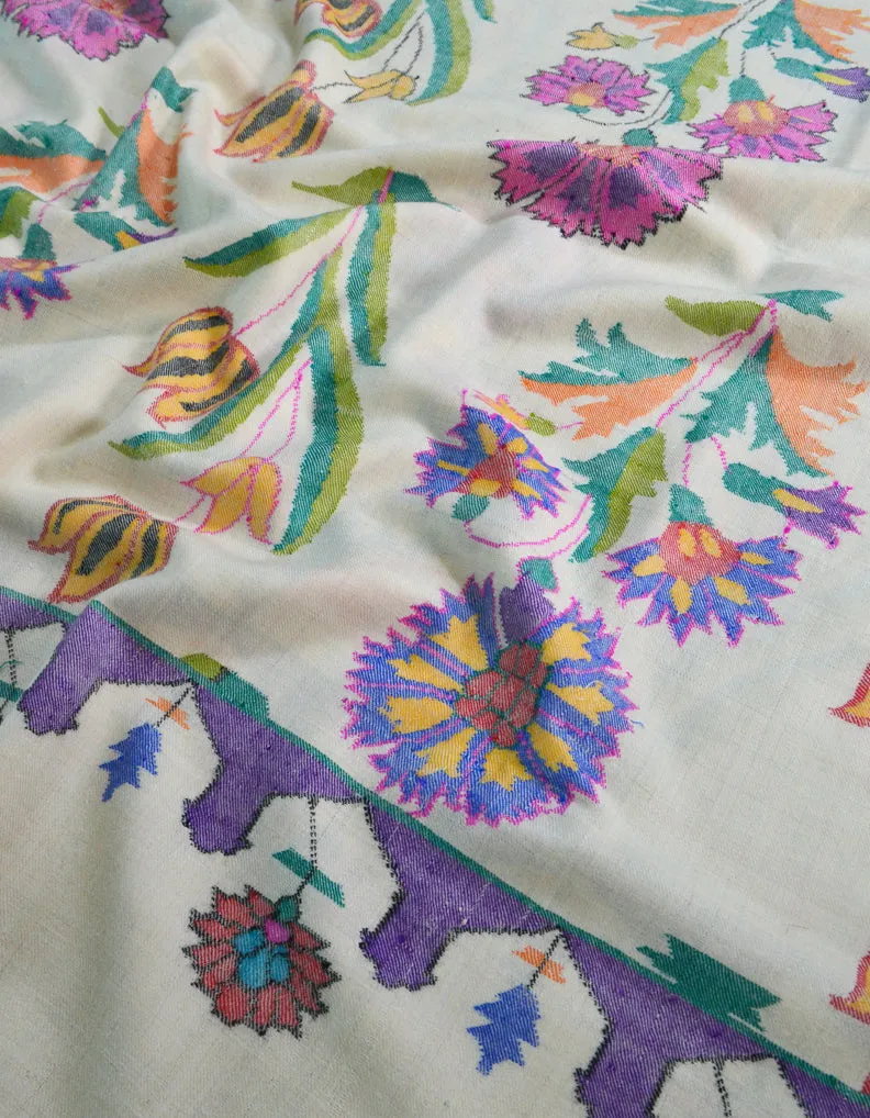 White Kani Pashmina With Floral Motifs 5428